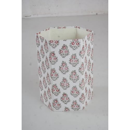 Image of Floral Hand Block Printed 3.3 Gallon Decorative Waste Basket - Eco-Friendly Cardboard Trash Can, Plastic-Free & Sustainable, Perfect for Christmas and Housewarming Gifts (1, White Botti flowar)