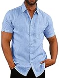 Pengfei Mens Short Sleeve Shirts Linen Cotton Button Down Tees Spread Collar Plain Shirts Sky Blue