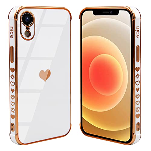 HUIYCUU for iPhone XR Case 6.1 ,Cute Glitter Sparkle Plating Loving Heart Pattern Side Print Design for Girls Women,Luxurly Screen Camera Protection Shockproof Soft Bumper Silicone Cover,White