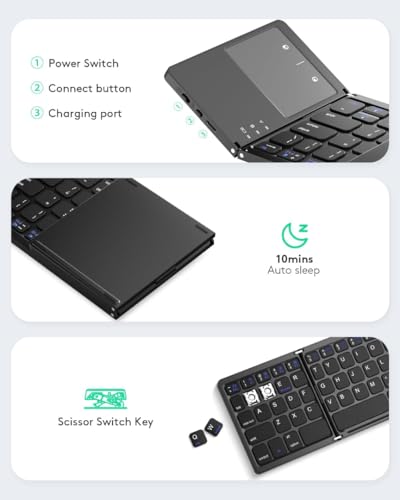 Image of XIKKART Foldable Bluetooth Keyboard with Touchpad - Portable Wireless Keyboard, Rechargeable Battery Full Size Ultra Slim Pocket Size Folding Keyboards for Android Windows iOS Tablet & Laptop - Black