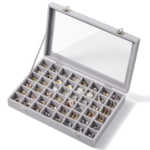 48 Grid Earring Organizer and Storage: Velvet Jewelry Tray with Lid Jewelry Box for Studs Earrings Rings Necklaces Dresser & Vanity Earrings Case Organizer for Girls Women 13x8.6x2.4 Grey