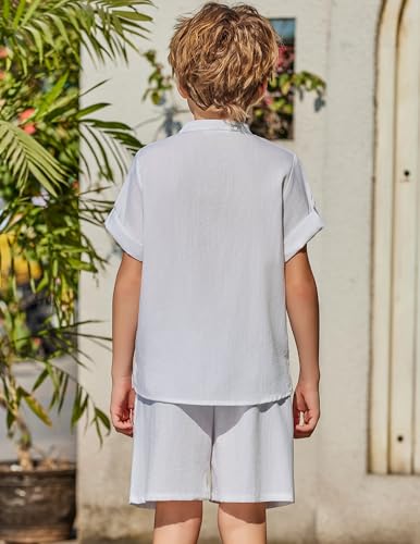 Image of Arshiner Boy's 2 Pieces Linen Sets Short Sleeve Henley Shirt and Shorts Summer Beach Matching Outfits 4-12 Years