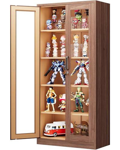 PEUKC Display Cabinet with Glass Doors, 71 Inches Metal Display Case with 4 Adjustable Shelves, Curio Storage Cabinet with Lock for Home, Office, Book, Pantry, Assemble Required (Wood Color)