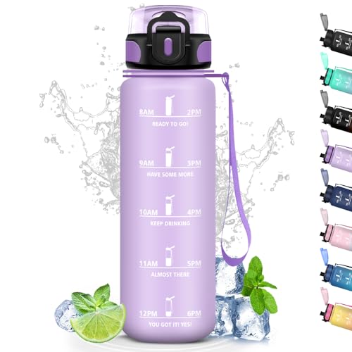 Grsta Botella Agua, Botella Agua 1 Litro, Agua Gimnasio con Filtro, a Prueba de Fugas, Agua Motivacional, Fácil de Limpiar, Cantimplora para Senderismo, Outdoor, Correr, Bicicleta, Acampar