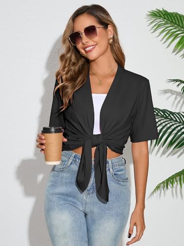 Image of Heymoments Women's Lightweight Open Front Cardigans Short Sleeve Casual Soft Knit Cardigan Sweaters with Pocket S-2XL