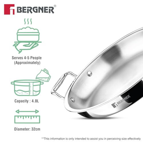 Image of Bergner Argent Samsara Triply Jalebi Pan 32cm (4L), Faster and Even Heat Distribution, Ergonomic Stay Cool Cast Handles, Healthy Cooking, Flared Rim, Easy to Clean - Full Induction and Gas Stove Ready