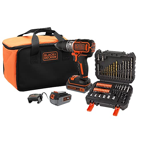 BLACK+DECKER Perceuse-visseuse à percussion 18V, 2 vitesses, moteur sans balais, mandrin 13 mm, LED, 2 batteries, 50 accessoires, chargeur, sac de rangement,...