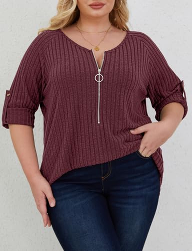 Image of Zamowoty Plus Size Tops for Women 3 /4 Roll Sleeve Shirts V Neck Zipper Solid Color Lightweight Blouses Tunic Top