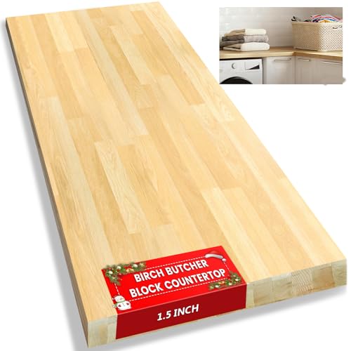 Butcher Block Countertop, Solid Wood Table Top - 3.5ft Unfinished Birch Work Bench Top Cut to Size for DIY Desktop/Washer Counter/Office Desk/Kitchen Island/Living and Dining Room Tables 42x25x1.5in