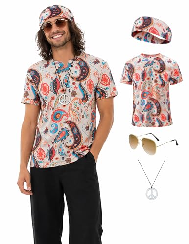 Inrajoper Mens 60s 70s Outfits 4 Pcs Hippie Disco Costumes Retro Paisley T-Shirt Accessories Set for Theme Party Multicolor Large