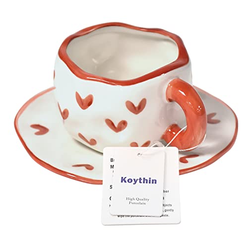 Image of Koythin 10oz Irregular Ceramic Mug With Saucer, Red Heart Latte Tea Cup