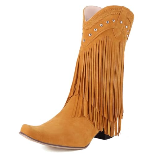 Image of KiutSymo Mid Calf Fringe Boots For Women Cowboy Pointed Toe Chunky Heels Cowgirl Western Tassel Boots