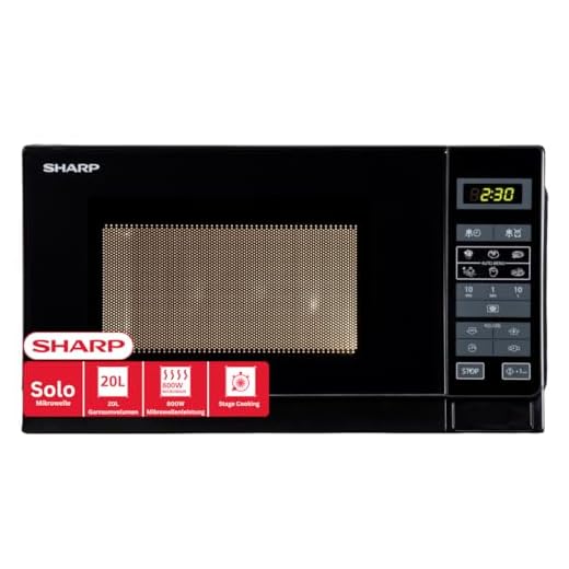Sharp R242BKW Solo-Mikrowelle / 20 L / 800 W / 5 Leistungsstufen / 8 Automatikprogramme / Gewicht und zeitgesteuerte Auftauen / Kindersicherung / Energiesparmodus / Glasdrehteller (25,5 cm) / schwarz