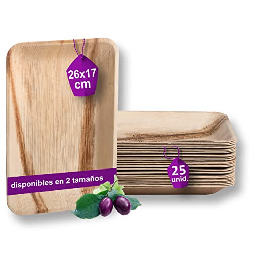 Waipur Platos Hoja de Palma Orgánicos - 25 Platos Desechables Rectangular 26x17 cm - Vajilla Ecológica de Lujo, Estable, Natural y Biodegradable - Platos de Fiesta - como Platos Bambu