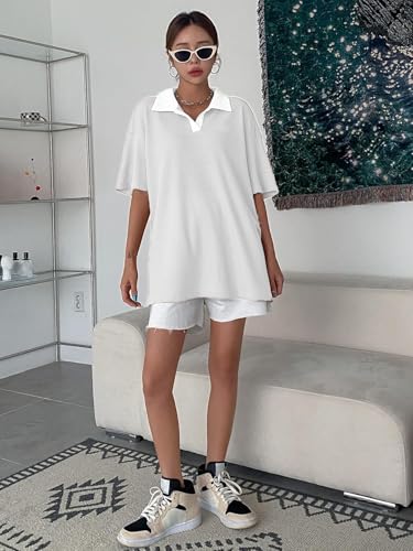 Image of Zilcon Womens Half Sleeve Oversized Tshirt for Woman Trendy Casual V Neck Summer Collared Preppy Tops Fashion Loose Fitted Western Tops for Women Stylish