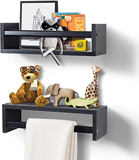 WooDinzo Room Bookshelf Wall Mount Floating Shelves, Kitchen Spice Rack, Bathroom Decor, Book Shelves Organizer or Baby Nursery, Set of 2,18 inch (Black)