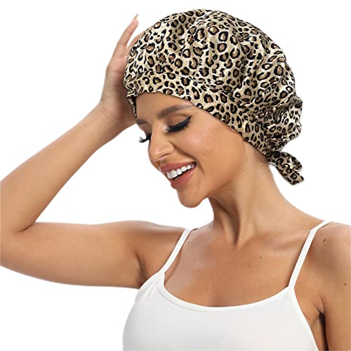 Cocheng 100% Mulberry Silk Bonnet for Sleeping Double Layer Silk Sleep Cap with Adjustable Tie Band 19 Momme Breathable &amp; Adjustable Hair Bonnet Leopard