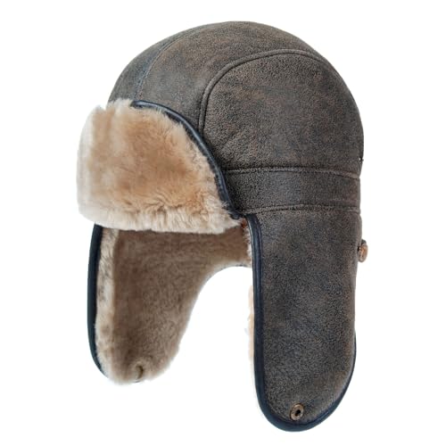 Harssidanzar Aviator Trapper Hat for Men Women Sheepskin Shearling Leather Fur Winter Warm Hat CU610US, Brown, Size Large