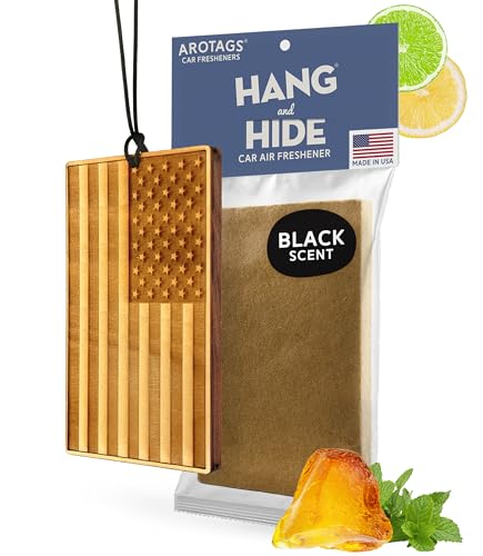 Arotags Wood Diffuser Car Air Freshener, USA Flag Design with Scent Boosting Pad, Black Scent, Long-Lasting, Odor Eliminator, American Made