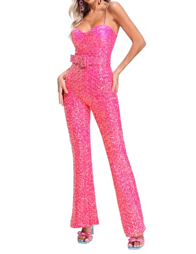 BELLA BARNETT Sequin Jumpsuits For Women Belted Pink Sexy One Piece Jumpsuits For Women Clubwear Rave Outfits Y2k Clothes Slip Club Outfits For Women