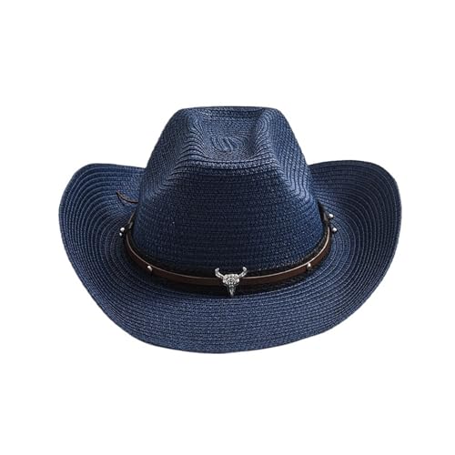Chapeau de paille résistant style western bleu foncé avec larges bords