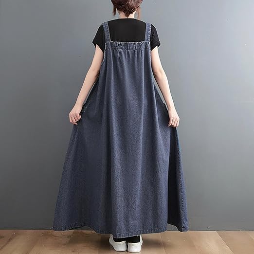 Image of Boho Jumper Dress for Women Loose Version Baggy Style Maxi Length Adjustable Straps Wide Hemline Overall Dresses