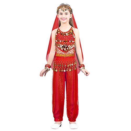 Alvivi Girls India Belly Dance Costumes Arabian Princess Dress up Outfit Halter Top Harem Pants Hip Scarf 6 Pcs Set Red 8-10