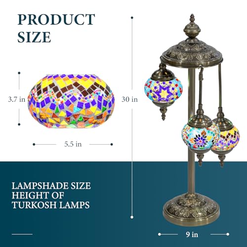 Marrakech Moroccan Mosaic Lamps Turkish Floor Lamps, 30" Tall Handmade 3 Globes Turkish Light with Glass Shard and Bronze Base Including 3 LED Bulbs for Living Room Bedroom Decor (Coloful)