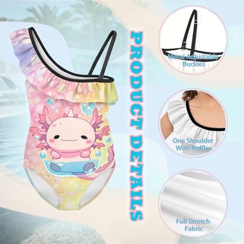 Girls One Piece Swimsuits One Shoulder Ruffle Swim Suits with Adjustable Strap Axolotl Print Summer Bathing Suits3