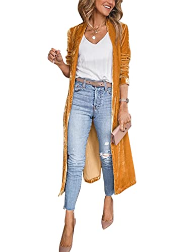 Image of Women's Long Velvet Cardigan Jacket Lapel Collar Open Front Vintage Cardigan Sweater with Pocket