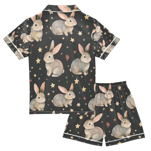 senya Rabbit Star Black Satin Summer Pajama Sets Silk Short Sleeve Button Down Sleepwear2