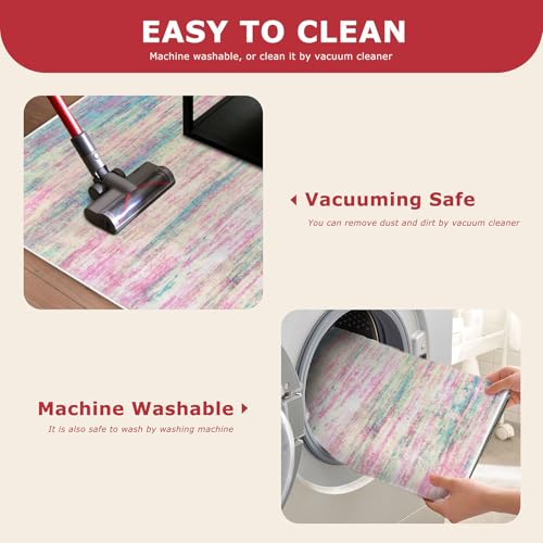 KOZYFLY Modern Abstract Pink 3x5 Area Rug Washable Girls Kids Bedroom Rug Throw Entry Mat Non-Slip Carpet Dining Room Rug with Soft Low Pile for Living Room Kitchen Bath Office