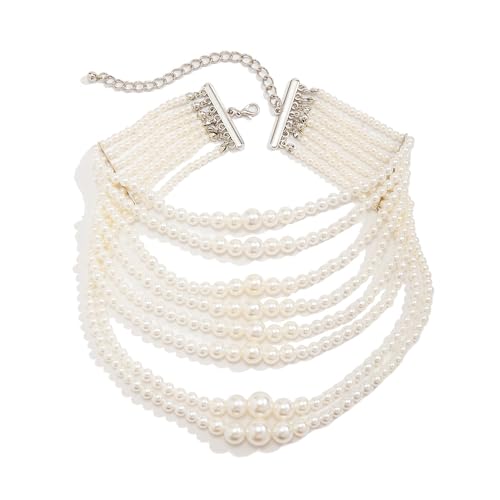 Octwine Boho Round Imitation Pearl Layered Choker Necklace Multi Strands Vintage 1920s Bridal Wedding Christmas Vintage Shiny Large Necklace for Women (Silver 3)