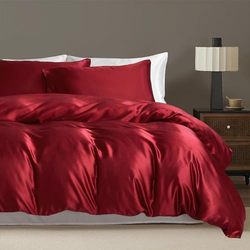 Luowei - Funda nórdica de 220 x 240 cm, satén, color rojo liso, seda, suave, suave, suave, juego de funda nórdica con 2 fundas de almohada de 65 x 65 cm con cremallera