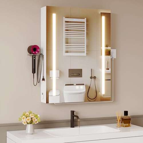 Armoire Murale Salle De Bain avec 3 Couleurs Miroir LED & 2 AC et 3 USB, Fonction DéShumidification et MéMoire,Meuble Salle De Bain Rangement avec éTagèRe...