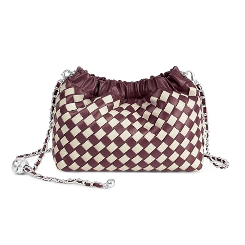 Joryin Bolsa tiracolo feminina de tecido e bolsa de noite, bolsa de mão de bolinho moderna e bolsa de ombro Hobo Cloud clutch moderna, Couro trançado - vinho bege