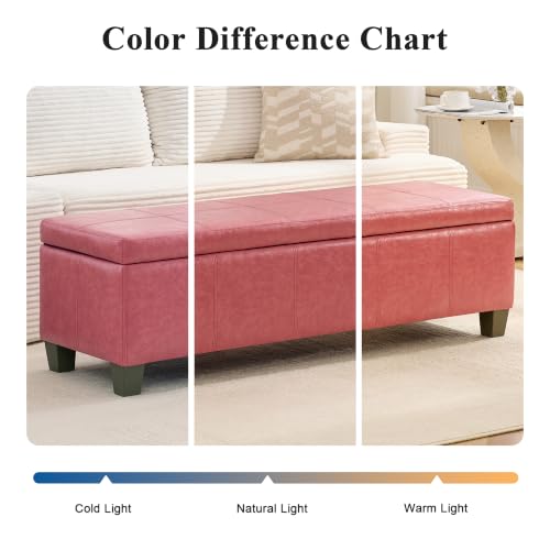 Image of 51 Inch Storage Ottoman, Storage Bench with Safety Hinge, Upholstered Synthetic Leather Ottoman Bench for Bedroom, Living Room, Entryway, Hallway, Foot Rest, Support 500lbs