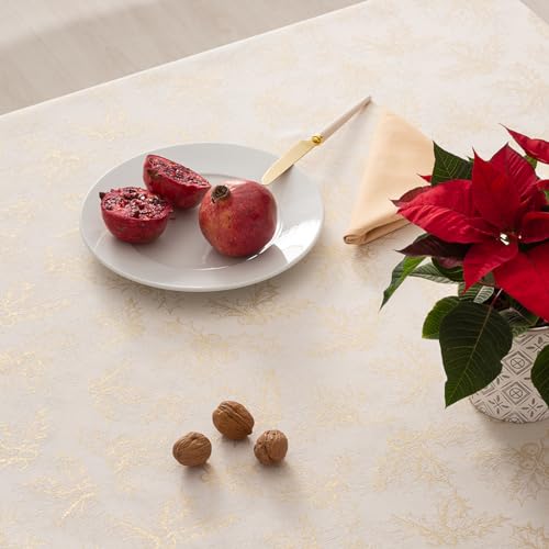 GAMUSI Tablecloth Christmas Jacquard Golden Thread Dining Table Rectangular Christmas Decoration 140 x 300 cm, Ecru - Image 3