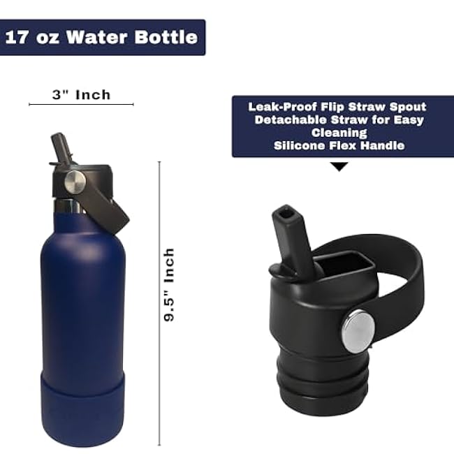 17oz Water Bottle with Spill-Proof, Flip-Straw Lid by Subzero - Vacuum Insulated, Stainless Steel Beverage Thermos for Workout, Hiking, School - Dishwasher Safe - Silicone Boot Included (Navy Blue)