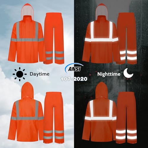 Image of TCCFCCT High Vis Rain Jacket and Pants Rain Suits for Men Waterproof, Hi Vis Rain Coat for Men Women with Hood, High Visibility Rain Gear Reflective for Safety Work & Outdoor Activities, S-M Orange WP
