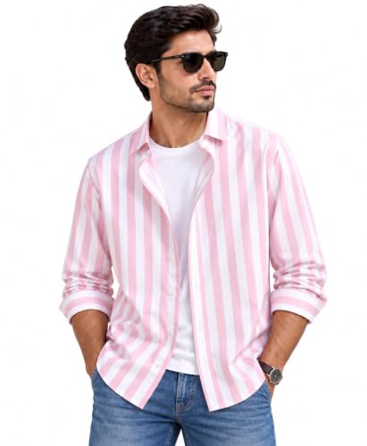 Image of IndoPrimo Men's Striped Cotton Shirt | Slim Fit Stylish Casual Shirt for Man | Full Sleeve Summer Wear Vertical Stripe Shirt for Office, Vacation