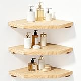 lalago 3 Stück Eckregal Wandregal Holz 28.5cm, Hängend Schweberegal Naturholzfarben, Massivholz Holz-Eck-Hängeregale mit Drahtloch, Holz Vintage Landhausstil Regal für Bad Schlafzimmer Wohnzimmer
