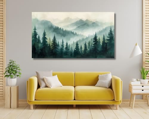 Image of KUNJCART Misty Mountain Painting For Wall Vastu - Large Nature Landscape Painting for Living Room, Bedroom & Office -Nature Wall Art for bedroom, Big Size Green Scenery for Wall Decoration and Home decor Vastu (36 x 24 Inch, Rolled Canvas Only , Without Frame)