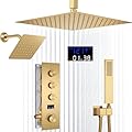 AYIVG Brushed Gold Thermostatic Rainfall Shower System 12 Inch And 8 Inch Dual Square Shower Head System Ceiling Mount Temperature Display Shower Faucet Set With Handled Spray