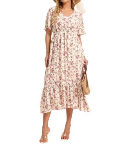 Image of Women's Summer Short Sleeve Maxi Floral Flowy Dresses with Pockets