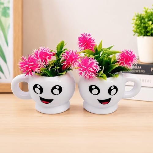 Image of Cute Smiley Face Ceramic Planter Set of 2 with Artificial Flowers | Mini Decorative Flower Pots for Home Decor, Office Desk, Study Table & Gifting | Multipurpose Ceramic Planter Cups