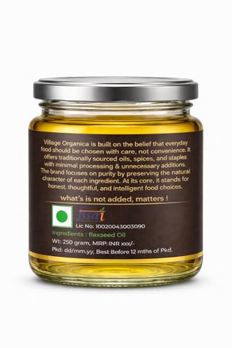 Image of Village-Organica Cold Pressed Flaxseed (Alsi) Oil | 250 ml | Pure & Unrefined | Omega-3 Rich Linseed Oil | Cold Extracted & Packed in Premium Glass Bottle