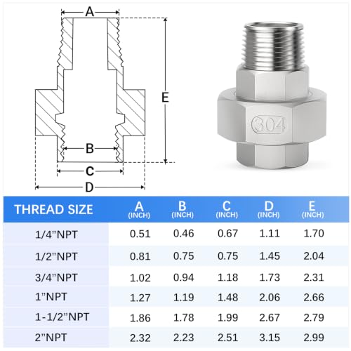 Image of ChillWaves 304 Stainless Steel Cast Pipe Fitting, Union,3 /4 inch NPT Male x 3 /4 inch NPT Female Thread Adapter(2-PACK)