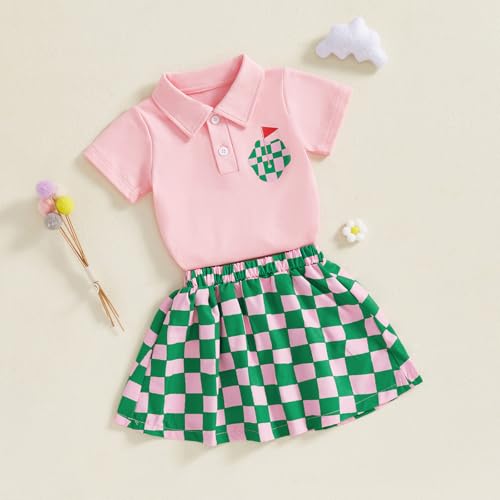 Image of Toddler Girl Golf Outfit Short Sleeve Collared T Shirt Top Elastic Waist Mini Skirt 2Pcs Summer Clothes (Plaid, 3-4T)