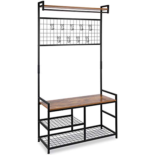 ErgoDesign Large Hall Trees with Bench and Coat Racks with Grid Wall Entryway Coat Racks with Storage Bench Storage Shelf Organizer Accent Furniture with Metal Frame Rustic Brown